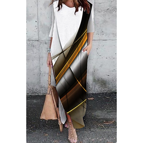 

Women's Shift Dress Maxi long Dress White 3/4 Length Sleeve Color Gradient Color Block Geometric Print Spring Summer Round Neck Casual 2021 S M L XL XXL