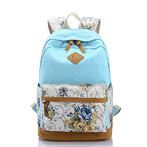 

Unisex Canvas School Bag Large Capacity Zipper Floral Print School Daily Backpack Black Blue Red Red Blushing Pink