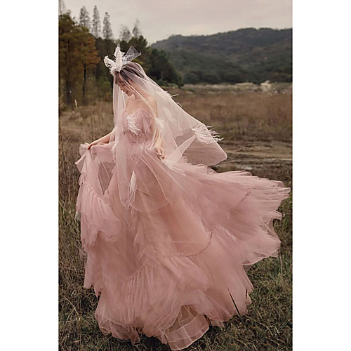 

A-Line Elegant Boho Engagement Prom Dress Spaghetti Strap Sleeveless Sweep / Brush Train Tulle with Ruffles Tier 2021
