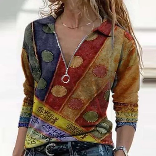 

Women's Blouse Shirt Color Block Long Sleeve Patchwork Print V Neck Tops Basic Top Blue Purple Red