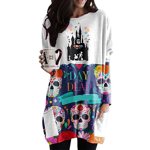 

Women's T Shirt Dress Tee Dress Short Mini Dress White Black Blushing Pink Orange Long Sleeve Print Patchwork Print Fall Spring Round Neck Casual Halloween 2021 S M L XL