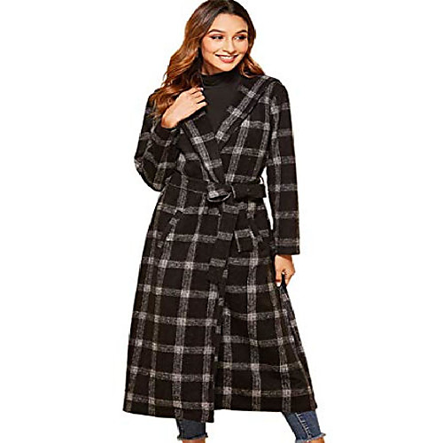 

women's classic hooded checker long sleeve belted midi long trench coat outwear (small, black)