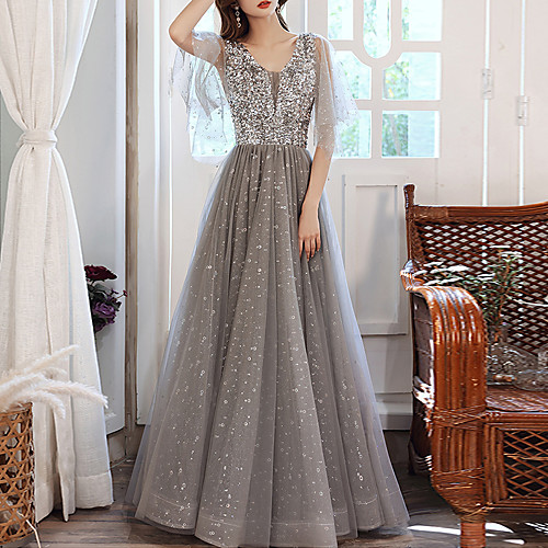 

A-Line Sparkle Elegant Wedding Guest Formal Evening Dress V Neck Half Sleeve Floor Length Tulle with Sequin 2021