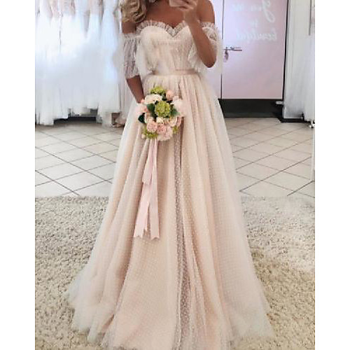 

A-Line Wedding Dresses Sweetheart Neckline Floor Length Lace Short Sleeve Country Romantic with 2021