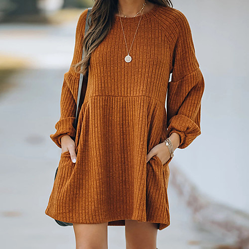 

Women's Sweater Jumper Dress Short Mini Dress Orange Long Sleeve Solid Color Patchwork Fall Winter Round Neck Casual Cotton 2021 S M L XL