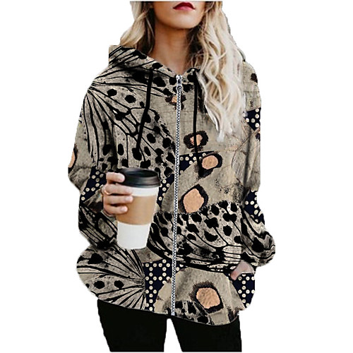 

Women's Print Print Fall & Winter Hoodied Jacket Long Sports Long Sleeve Cotton Blend Coat Tops Brown