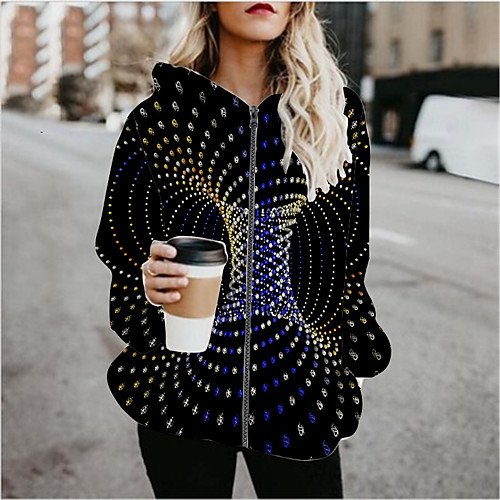 

Women's Polka Dot Patchwork Active Spring & Fall Hoodied Jacket Regular Sports Long Sleeve Cotton Blend Coat Tops Black