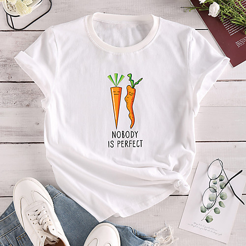 

Women's T shirt Graphic Text Print Round Neck Tops 100% Cotton Basic Basic Top White Yellow Blushing Pink