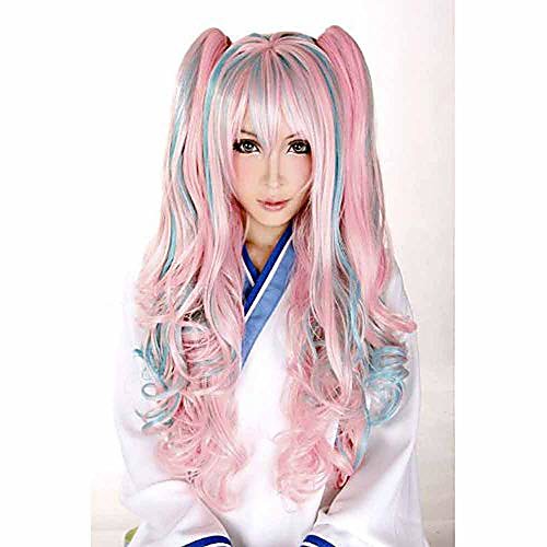 

26 anime long wavy curly synthetic mixed color pink blue cosplay wig two ponytails party wig (color : b)