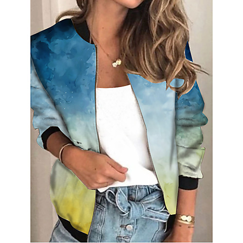 

Women's Tie Dye Patchwork Streetwear Spring & Fall Jacket Regular Sports Long Sleeve Rayon Coat Tops Blue