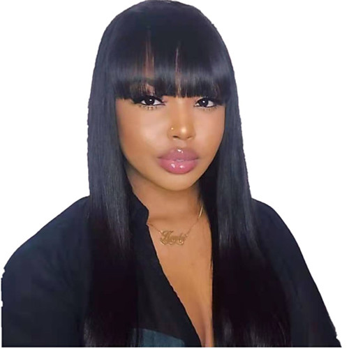 

Human Hair Lace Front Wig With Bangs style Peruvian Hair Silky Straight Black Wig 130% Density Classic Women Fashion Women's Short Long Medium Length Human Hair Lace Wig Clytie / Very Long