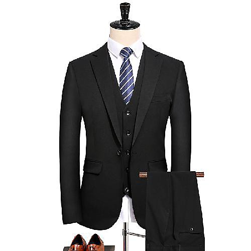 

Black / Gray Solid Colored Slim Fit Polyester Suit - Notch Single Breasted One-button