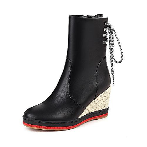 

Women's Boots Wedge Heel Round Toe Mid Calf Boots Minimalism Roman Shoes Daily Party & Evening PU Lace-up Solid Colored White Black Khaki / Mid-Calf Boots