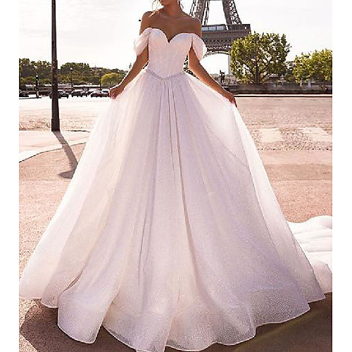 

A-Line Wedding Dresses Off Shoulder Chapel Train Tulle Sleeveless Country with 2021