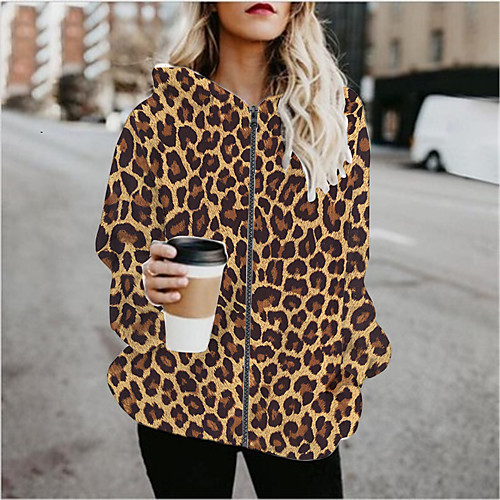 

Women's Leopard Patchwork Active Spring & Fall Hoodied Jacket Regular Sports Long Sleeve Cotton Blend Coat Tops Khaki