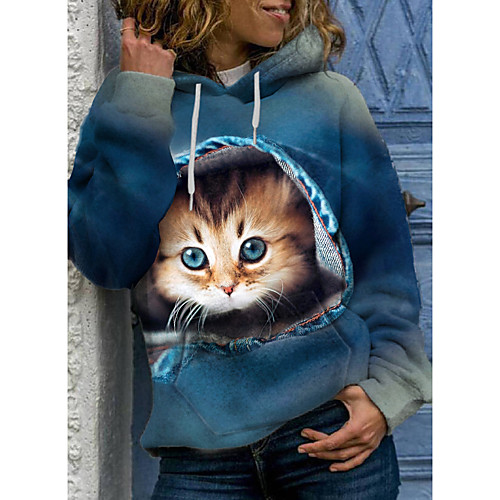 

Women's Pullover Hoodie Sweatshirt Cat Graphic 3D Front Pocket Print Daily 3D Print Basic Casual Hoodies Sweatshirts Blue