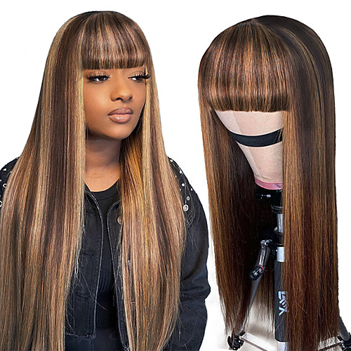 

Remy Human Hair Wig Long Straight With Bangs Multi-color Party Women Easy dressing Capless Brazilian Hair Malaysian Hair Women's All Natural Black #1B 12 inch 14 inch 16 inch