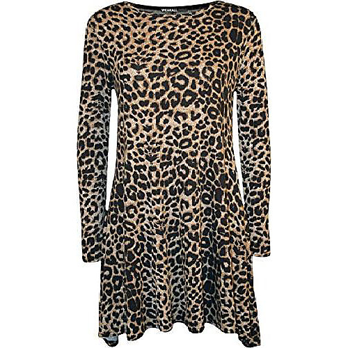 

- ladies leopard animal print long sleeve flared top swing dress - leopard - 40-42