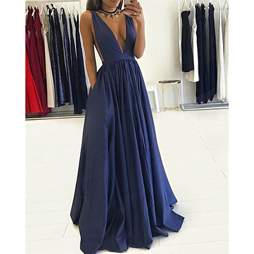 

A-Line Minimalist Sexy Wedding Guest Formal Evening Dress V Neck Sleeveless Floor Length Satin with Pleats 2021