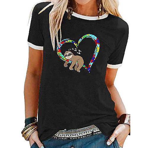

Women's T shirt Heart Animal Patchwork Print Round Neck Tops Basic Basic Top White Black Blue