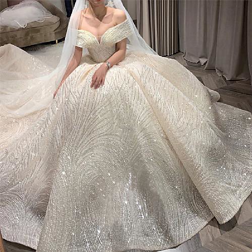 

Princess Ball Gown Wedding Dresses Off Shoulder Chapel Train Lace Tulle Sequined Short Sleeve Formal Luxurious Sparkle & Shine with Pleats 2021