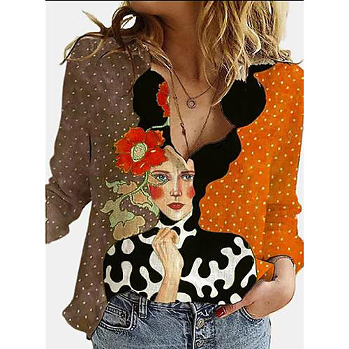 

Women's Blouse Shirt Color Block Portrait Long Sleeve Print Shirt Collar Tops Basic Top Red Yellow