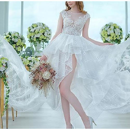 

A-Line Wedding Dresses Jewel Neck Court Train Asymmetrical Lace Short Sleeve Country Romantic Cute with Appliques Cascading Ruffles 2021