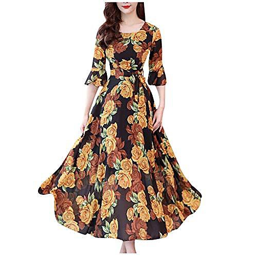 

kimodo women's plus size floral print long maxi dress boho short sleeve party swing dress yellow