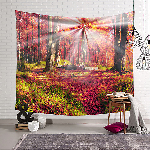 

wall tapestry art decor blanket curtain hanging home bedroom living room decoration red big tree red grass sun shining polyester