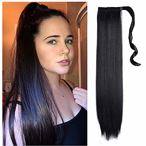 

ponytail extension wrap around long straight clip in ponytails hair extensions for women 24 inch synthetic hairpiece (natural black 2#)