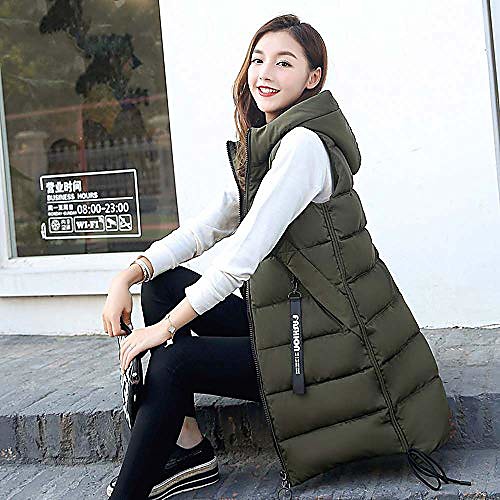 

ladies down vest, autumn winter hooded long down vest outerwear warm padded jacket coat, female fashion sleeveless army green waistcoat, l