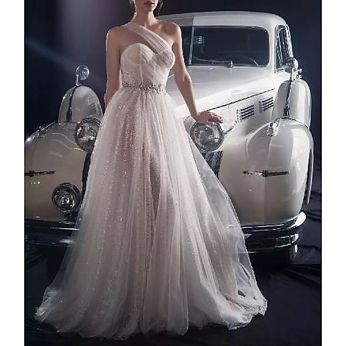 

A-Line Wedding Dresses Sweetheart Neckline Sweep / Brush Train Tulle Sleeveless Country Romantic Sparkle & Shine with Sashes / Ribbons Pleats 2021