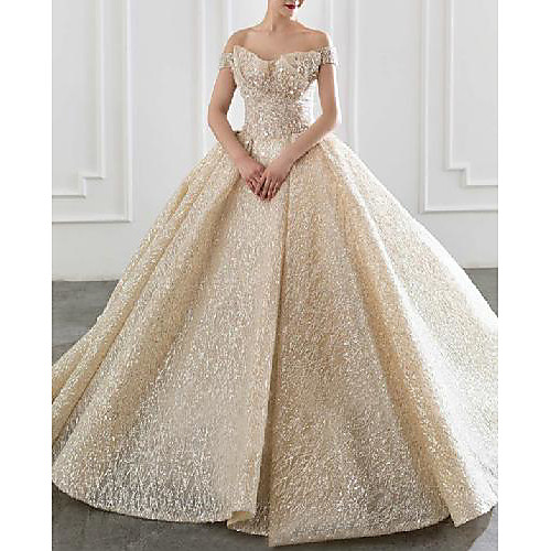 

Princess Ball Gown Wedding Dresses Off Shoulder Chapel Train Tulle Sequined Short Sleeve Formal Luxurious Sparkle & Shine with Pleats Beading 2021