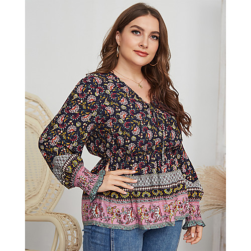 

Women's Plus Size Floral Blouse Large Size V Neck Long Sleeve Tops Big Size