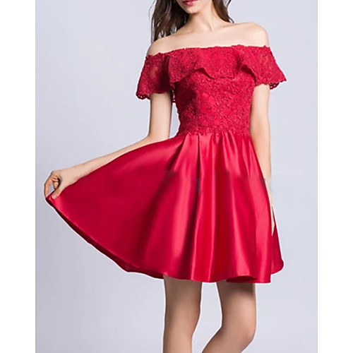 

A-Line Minimalist Elegant Wedding Guest Cocktail Party Dress Off Shoulder Short Sleeve Short / Mini Satin with Pleats Ruffles 2021