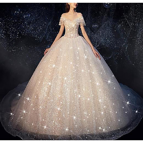 

Princess Ball Gown Wedding Dresses Off Shoulder Chapel Train Lace Tulle Sequined Short Sleeve Formal Romantic Luxurious Sparkle & Shine with Beading Tassel 2021