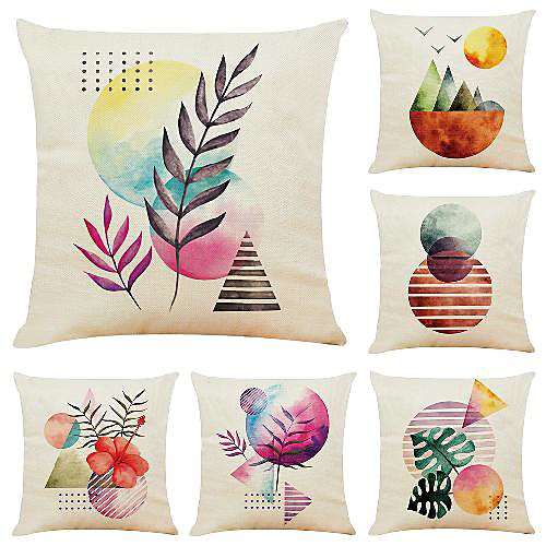 

6 pcs Linen Pillow Cover, Floral&Plants Simple Modern Square Zipper Traditional Classic