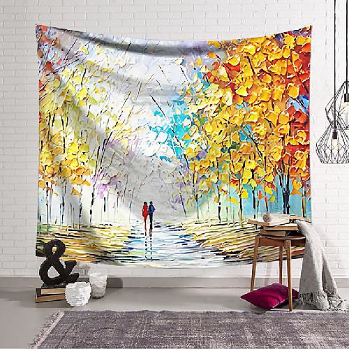 

Oil Painting Style Wall Tapestry Art Decor Blanket Curtain Hanging Home Bedroom Living Room Decoration Romantic Lover Couples Walking in Rain