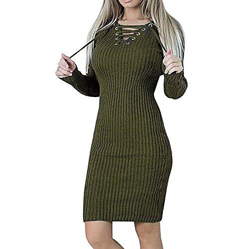 

ladies winter dresses solid color v-neck chunky sweater dresses short wrap dress long sleeves slim tight dress fashionable elegant knee length dresses party dresses jersey dress (army green, s)