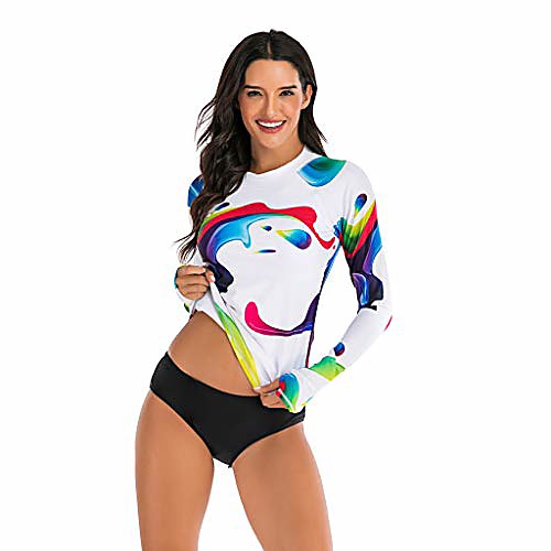 

women sunscreen long sleeve print tankini beach surfing suit swimwear white