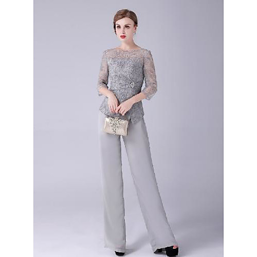 

Two Piece Pantsuit / Jumpsuit Mother of the Bride Dress Elegant Sweet Jewel Neck Floor Length Chiffon 3/4 Length Sleeve with Lace Crystals Ruching 2021