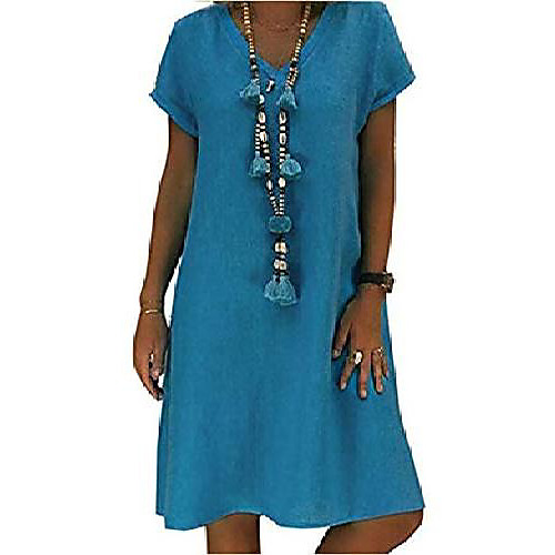 

ladies linen dress for the summer v-neck casual dress in boho look, blue, xxl (eu 44)