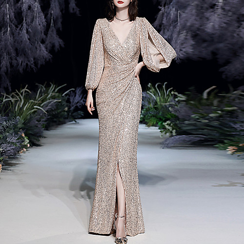 

Mermaid / Trumpet Sparkle Sexy Prom Formal Evening Dress V Neck Long Sleeve Floor Length Sequined with Sequin Split 2021
