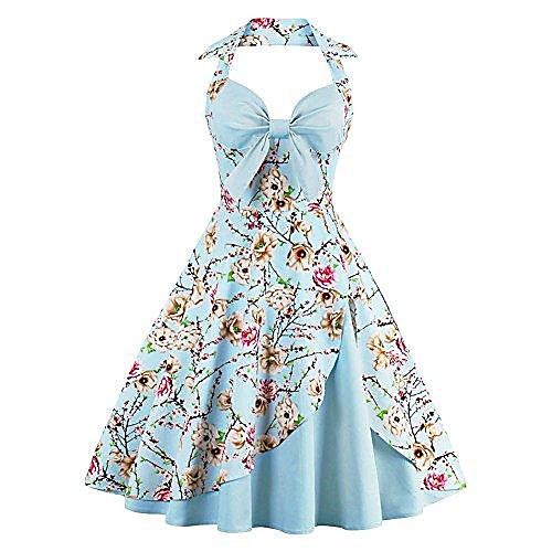 

ladies women halter vintage 1950s rockabilly retro dresses elegant summer halter neck knee length petticoat evening dresses party dresses cocktail dresses pleated skirt blue 38