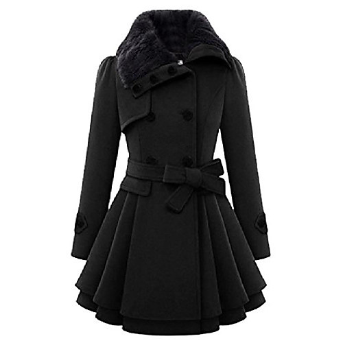 

women's woolen double breasted slim fit thicken windbreaker coat with faux fur collar black