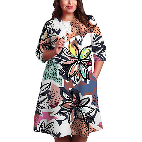 

Women's Plus Size Floral Print Casual 3/4 Length Sleeve Spring Knee Length Dress Shift Dress / Oversized