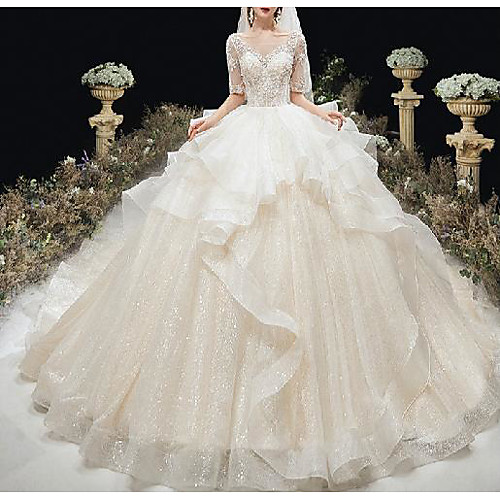 

Princess Ball Gown Wedding Dresses Bateau Neck Chapel Train Lace Tulle Sequined Half Sleeve Formal Luxurious Sparkle & Shine with Appliques Cascading Ruffles 2021