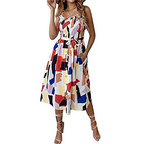 

summer dress ladies sleeveless a-line midi swing floral dress with adjustable straps beach dress (s (eu 32-34), b-multicolored)