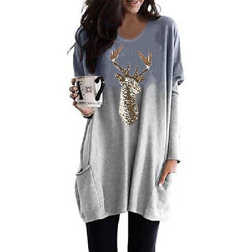 

Women's T Shirt Dress Tee Dress Short Mini Dress Purple Orange Gray Light Blue Long Sleeve Print Fall Round Neck Casual Christmas 2021 S M L XL XXL 3XL 4XL 5XL