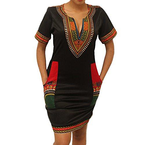

women traditional african print short sleeve v neck bodycon wide dashiki ethnic printed tunic dress summer dresses party (3xl (46), black)